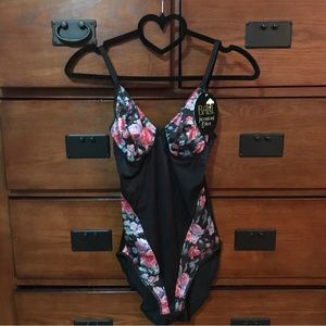 Bali International Edition Black and Floral Bodysuit, Size 34/75